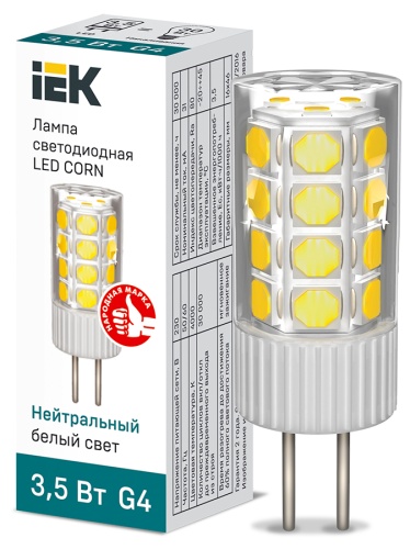 Лампа светодиодная CORN капсула 3,5Вт 230В 4000К керамика G4 | код LLE-CORN-4-230-40-G4 | IEK